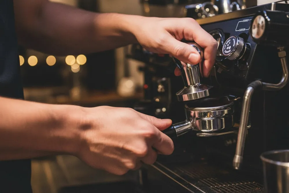 Hænder ved espressomaskinen, mens kaffen bliver lavet