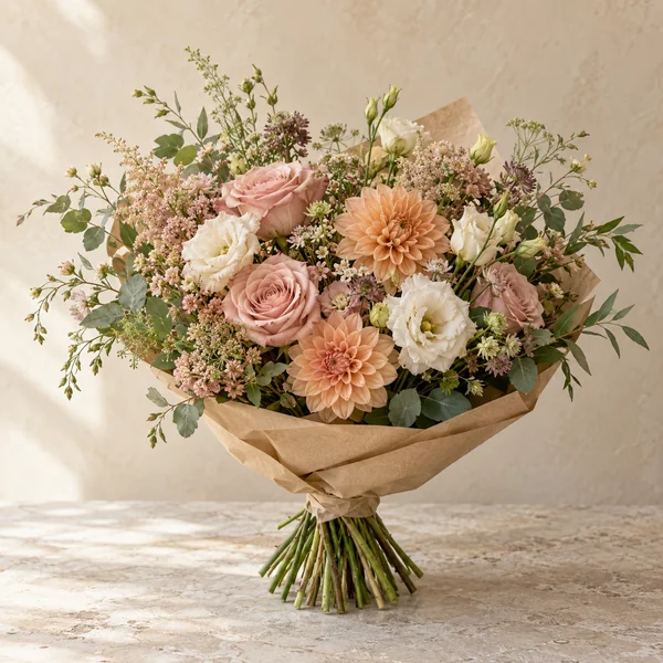 Buket med rosa roser, abrikosfarvede blomster og grønt i brunt papir